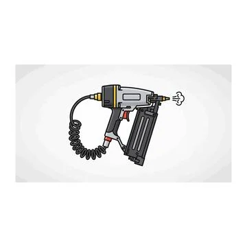Pneumatic nail gun power tool with air hose for construction projects Ilustración de archivo