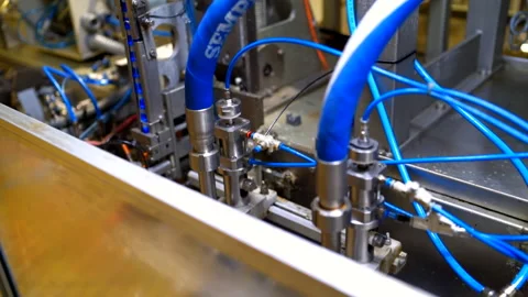 Pneumatic packing machine, with blue air tubes, meditative work in slow motion Stock Footage 148947639
