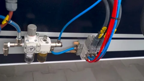 Pneumatic system regulating pressure with solenoid valves and air filter unit Stock Footage 341556403