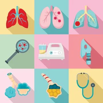 Pneumonia icon set, flat style Stock Illustration