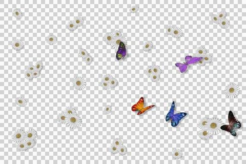 PNG. 3D illustration. Spring, summer. Daisies and butterflies on transparent Stock Illustration