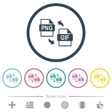 PNG GIF file conversion flat color icons in round outlines Illustrazione stock