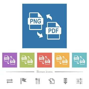 PNG PDF file conversion flat white icons in square backgrounds 스톡 일러스트