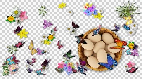 PNG. Transparent. Spring, summer, Easter. Basket of eggs, butterflies and flo Stock Illustration