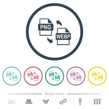 PNG WEBP file conversion flat color icons in round outlines 스톡 일러스트