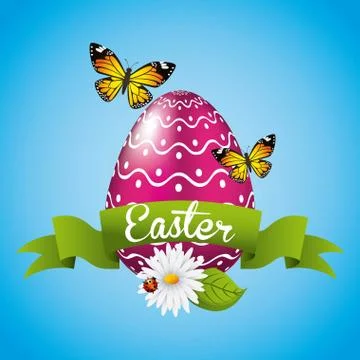 Pnik easter egg butterfly flower daisy and green ribbon Stock Illustration