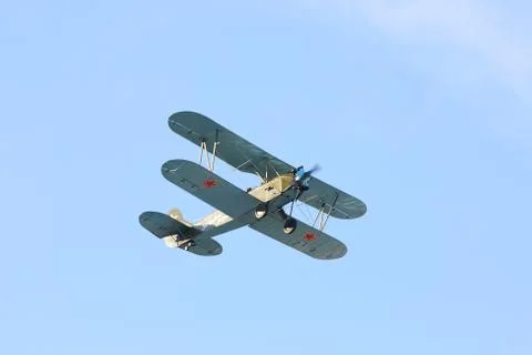 Po-2 (U-2, "mule") in the flight against a blue sky 写真素材