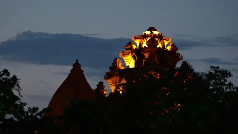Po Nagar Cham Towers illuminated at night in Nha Trang, Vietnam Video stock 336566074