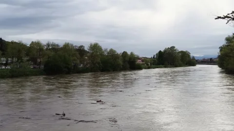 Po River, in flood, flows through the city Stock Footage 311457993