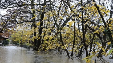 The Po river has flooded Valentino park and the medieval village (Turin, Italy) Stock Footage