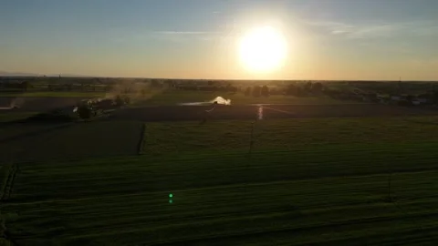 Po Valley irrigation fields under low sun Emilia Romagna Italy static aerial Видео 335968312