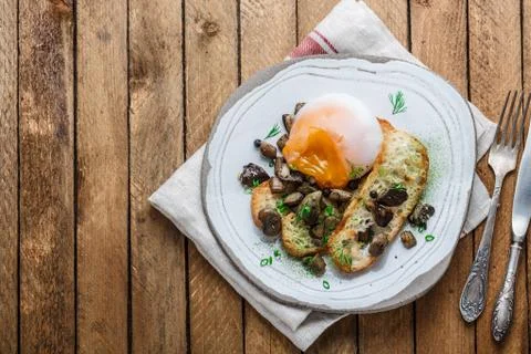 Poached egg with bread and wild mushrooms, copy space Stock Photos
