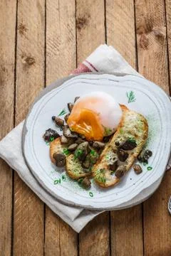Poached egg with bread and wild mushrooms, copy space Stock Photos