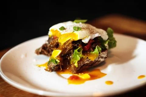 Poached egg lamb burger 库存照片