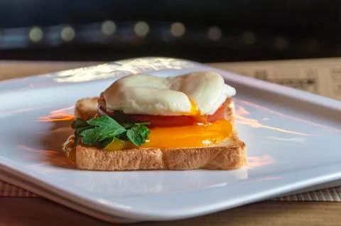 Poached egg, on a toasted slice of white bread with tomato and seasoning on a Stock Photos