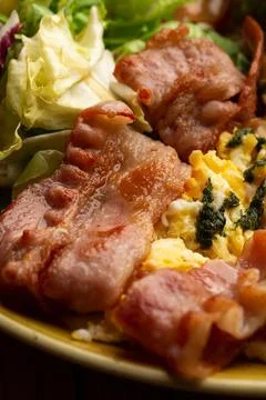 Poached eggs with vegetable, ham, tomatoes, red beans and sourdough toast iso Stock Photos