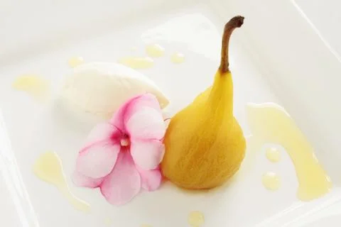 Poached pear dessert Stock Photos