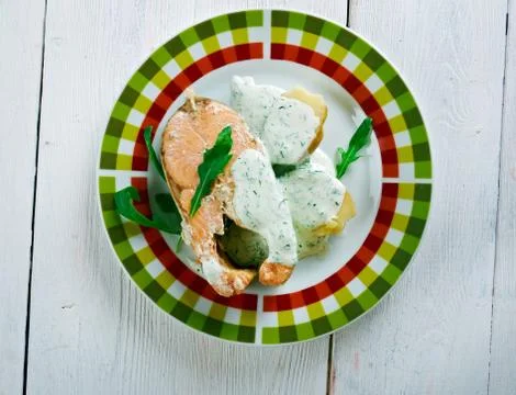 Poached salmon with vegetables Фото