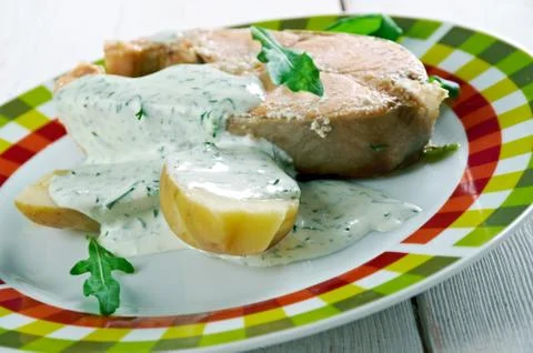 Poached salmon with vegetables Фото