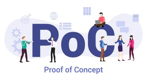 Poc proof of concept with big word or text and team people with modern flat s Stock Illustration