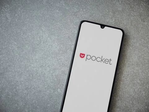 Pocket app launch screen with logo on the display of a black mobile smartphon Stock Photos