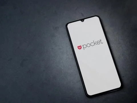 Pocket app launch screen with logo on the display of a black mobile smartphon Stock Photos