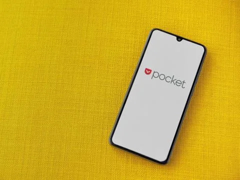 Pocket app launch screen with logo on the display of a black mobile smartphon Stock Photos
