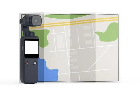Pocket Handheld Gimbal Action Camera with Abstract City Plan Map. 3d Renderin Stock Illustration