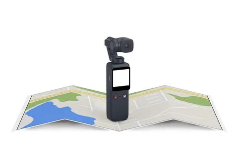 Pocket Handheld Gimbal Action Camera with Abstract City Plan Map. 3d Renderin Stock Illustration