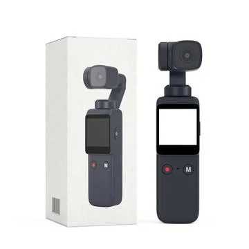 Pocket Handheld Gimbal Action Camera with White Cardboard Package Box. 3d R.. Stock Illustration