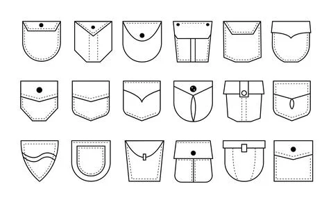 Pocket icon. Denim clothes patch with flaps and buttons. Seam on jeans bag line Ilustración de archivo