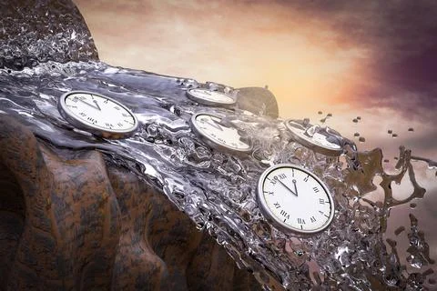 Pocket watch fall from a waterfall at sunset magenta day demonstrating time l Stock Illustration