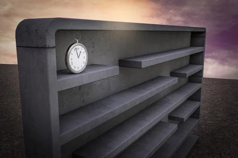 Pocket watch inside a maze at sunset magenta sky demonstrating TIME complicat Stock Illustration