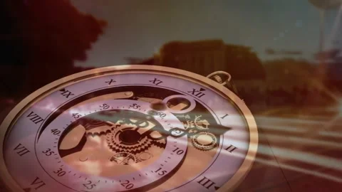 Pocket watch rotating gears hands shifting light rays sweeping revealing city Stock Footage 331176072