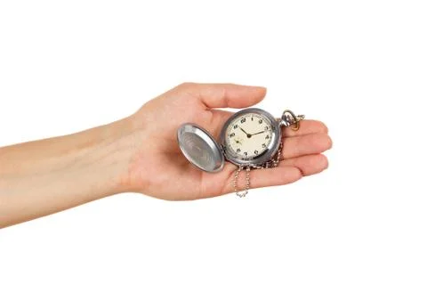 Pocket's clock in the woman's hand, isolated 写真素材