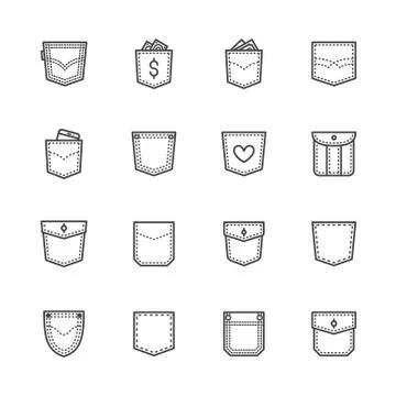 Pockets flat line icons set. Denim clothes, pocket money, mobile phone in jeans Stock Illustration