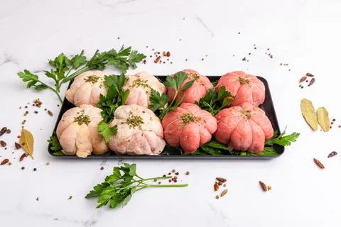 Pockets of fresh raw meat Stock Photos