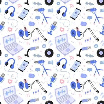 Podcast and broadcast pattern, vector collage with microphones, headphones Stock Illustration