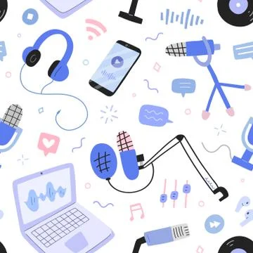 Podcast and broadcast pattern, vector collage with microphones, headphones Stock Illustration