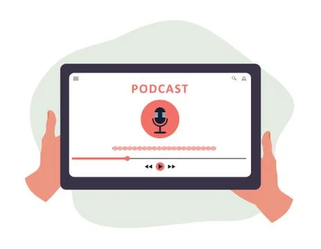 Podcast app on digital tablet in hands. Listening to music and audio broadcast. Illustrazione stock