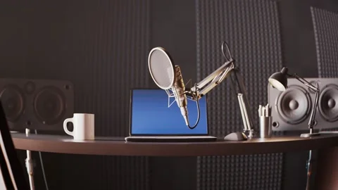 Podcast audio recording items in a climatic broadcasting home studio. Journalism Stock-Footage 201161602