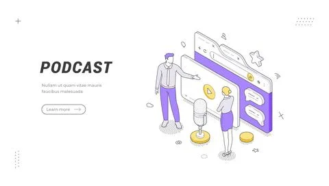 Podcast banner template. Isometric vector illustration of people recording an Stock Illustration