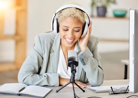 Podcast, computer and microphone black woman with broadcast, news update or live Stock Photos