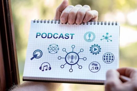 Podcast concept on a notepad Stock-Fotos