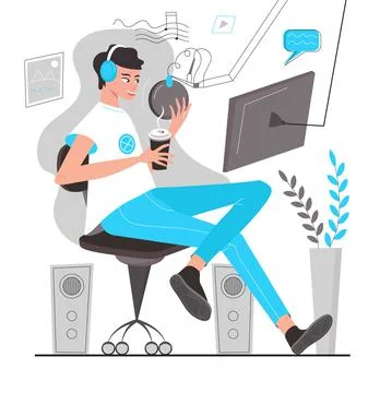 Podcast concept vector. Podcaster speaking in microphone. Radio online studio Stock Illustration