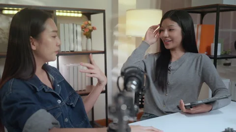 Podcast content creator interview storytelling in studio with microphone co.. Stock Footage 340129477