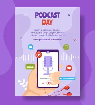 Podcast Day Vertical Poster Flat Cartoon Hand Drawn Templates Background Il.. Illustrazione stock