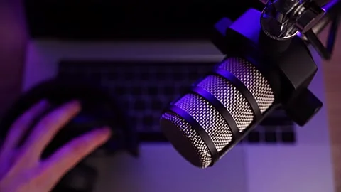 Podcast dynamic microphone stream recording preparation Video stock 144507001