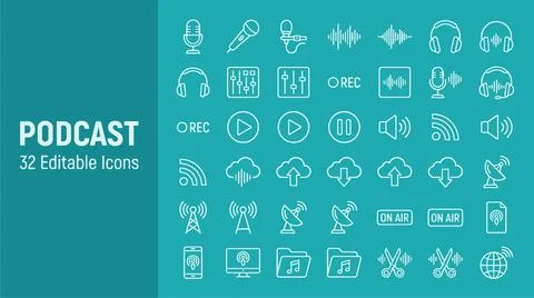 Podcast editable icons set for digital media and online broadcasting services 스톡 일러스트