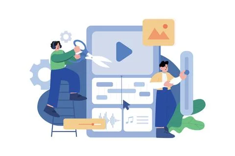 Podcast Editing Illustration concept. A flat illustration isolated on white.. Stock Illustration